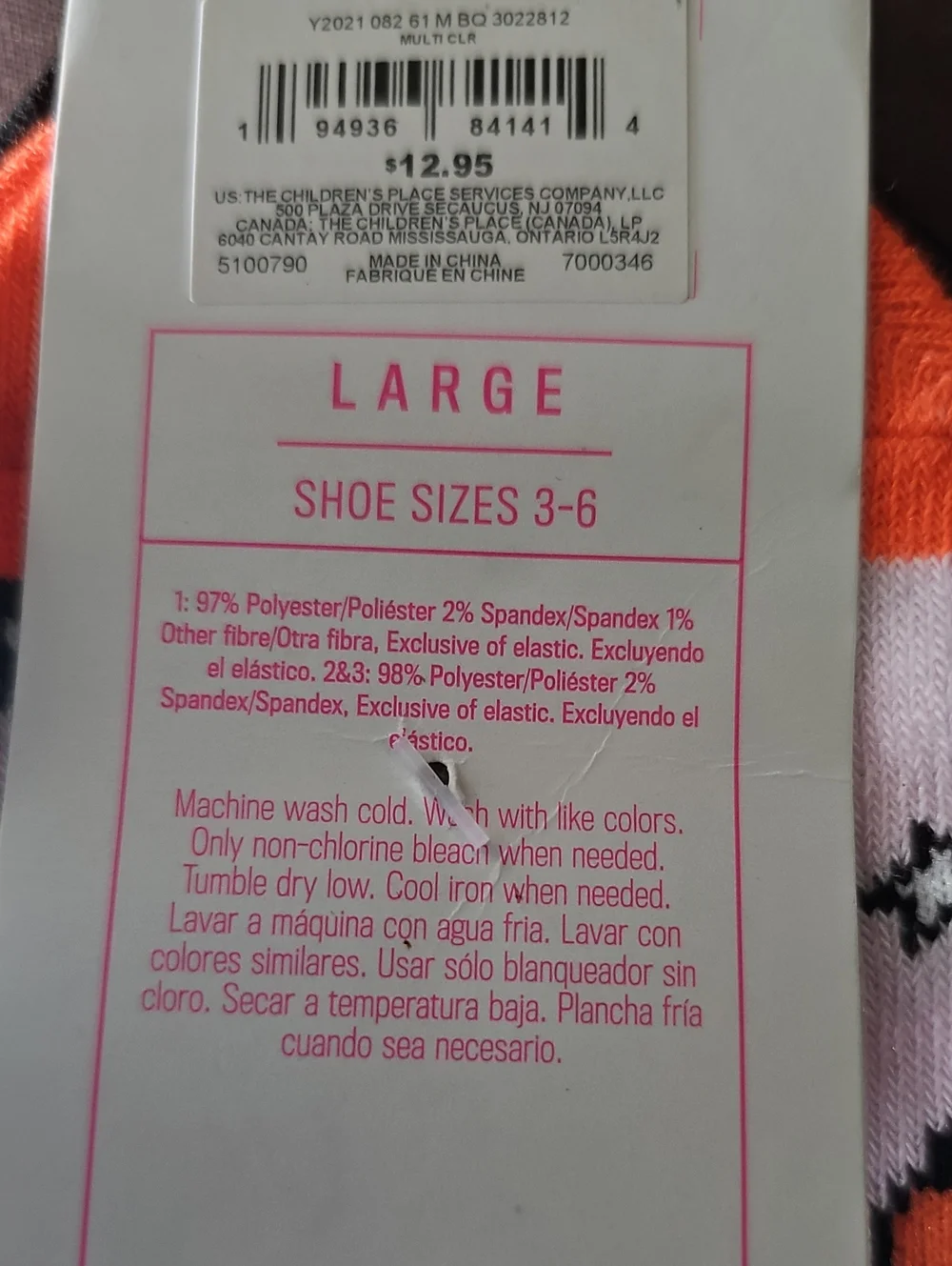Girl's Socks The Children's Place Crew 3 Pack Size Large Shoe Size 3-6 New Black